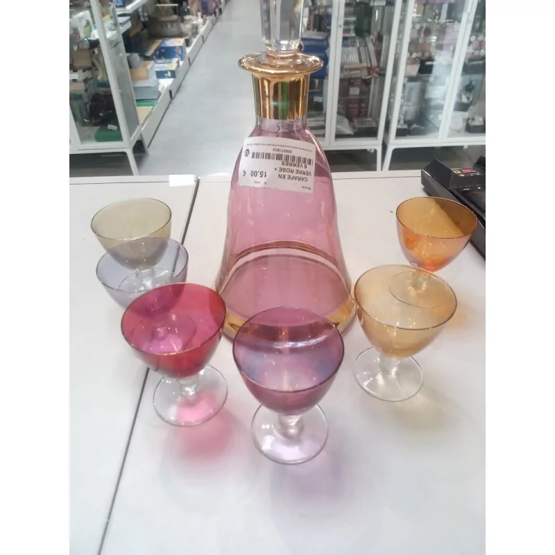 CARAFE EN VERRE ROSE + 6 VERRES